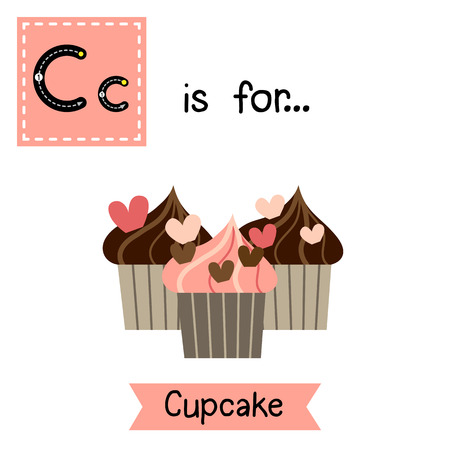 Cute children ABC alphabet C letter tracing flashcard of Cupcake for kids learning English vocabulary in Valentines Day theme.のイラスト素材