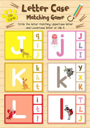 Clip cards matching game of letter case J, K, L for preschool kids activity worksheet in animals theme colorful printable version layout in A4.のイラスト素材