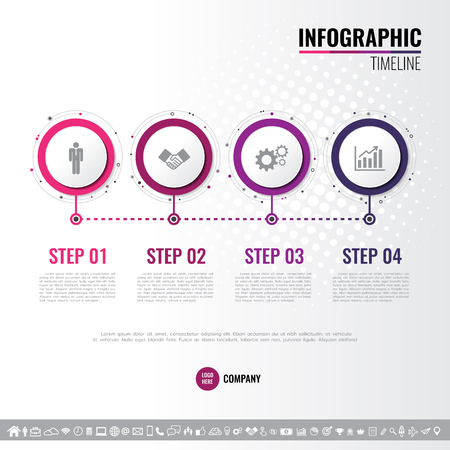 Vector illustration of Four steps, options or processes Timeline Infographics design template for website, presentation, brochure, workflow layout, diagram, annual report with icon set.のイラスト素材