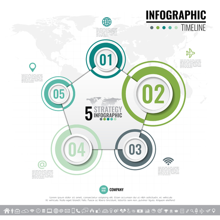 Vector geometric Infographics design template in 5 steps, options or processes for cycle diagram, graph, presentation and chart with icon set.のイラスト素材