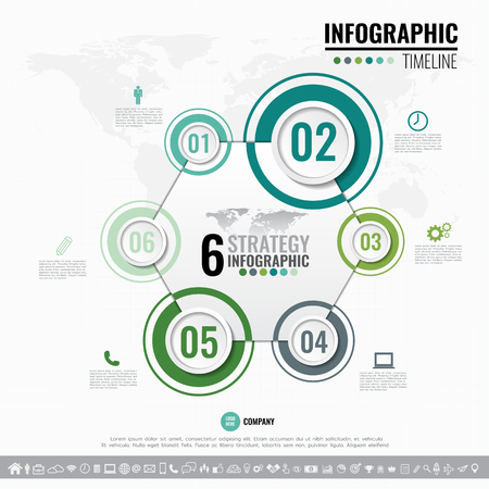 Vector geometric Infographics design template in 6 steps, options or processes for cycle diagram, graph, presentation and chart with icon set.のイラスト素材