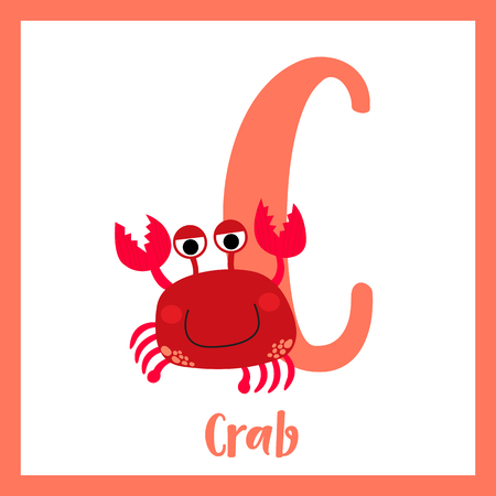 C letter vocabulary. Happy red Crab. Cute children ABC zoo alphabet flash card.のイラスト素材