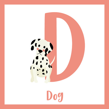 D letter vocabulary. Sitting Dog. Cute children ABC zoo alphabet flash card. Funny cartoon animal. Kids abc education. Learning English vocabulary. Vector illustration.のイラスト素材