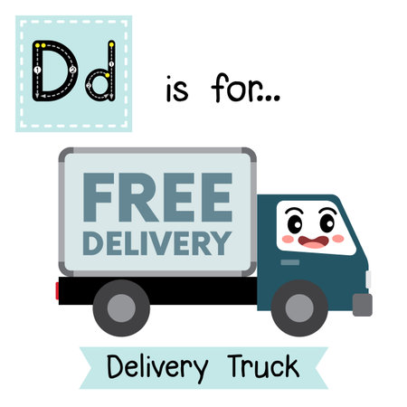 Letter D cute children colorful transportations alphabet tracing flashcard of Delivery Truck for kids learning English vocabulary.のイラスト素材