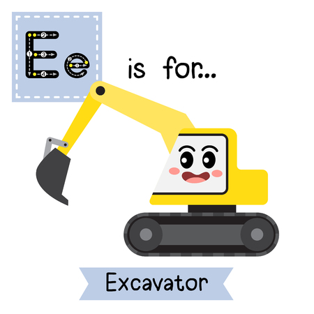 Letter E cute children colorful transportations alphabet tracing flashcard of Excavator for kids learning English vocabulary.のイラスト素材