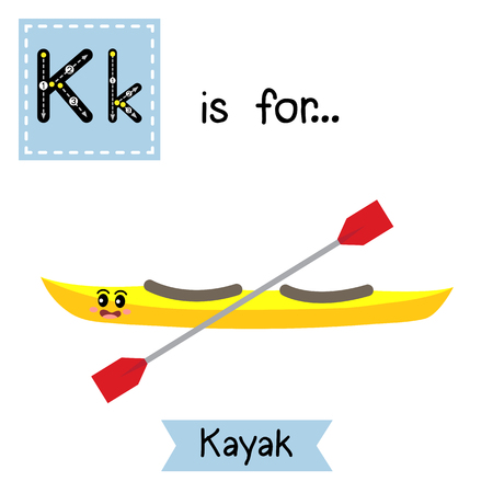 Letter K cute children colorful transportations alphabet tracing flashcard of Kayak for kids learning English vocabulary Vector Illustration.のイラスト素材