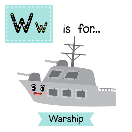 Letter W cute children colorful transportations alphabet tracing flashcard of Warship for kids learning English vocabulary Vector Illustration.のイラスト素材