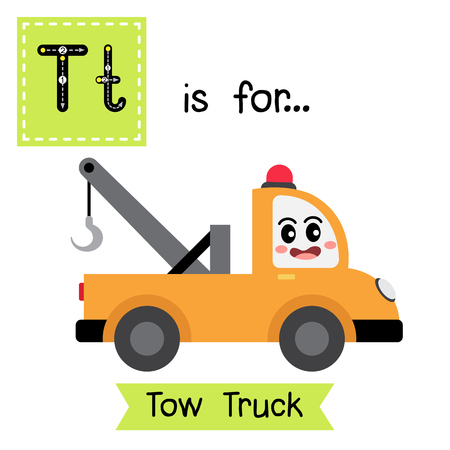 Letter T cute children colorful transportations alphabet tracing flashcard of Tow Truck for kids learning English vocabulary Vector Illustration.のイラスト素材