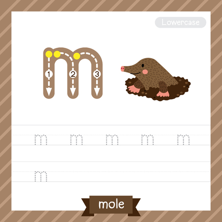 Letter M lowercase tracing practice worksheet with mole for kids learning to write. Vector Illustration.のイラスト素材