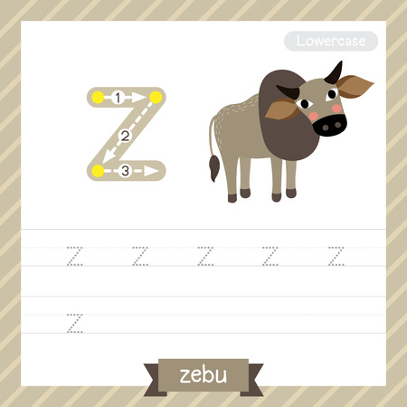 Letter Z lowercase tracing practice worksheet with zebu for kids learning to write.のイラスト素材