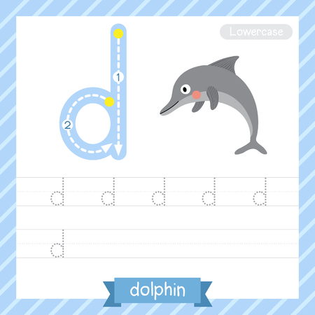 Letter D lowercase tracing practice worksheet with dolphin for kids learning to write. Vector Illustration.のイラスト素材