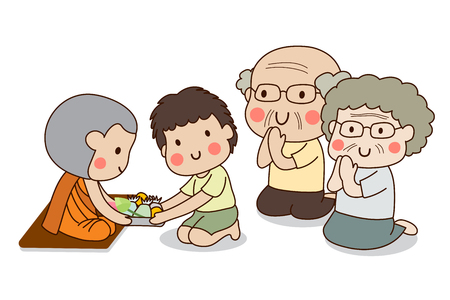 Boy and elderly couple sitting and offering food to Buddhist monk with white background.のイラスト素材