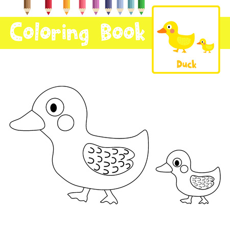 Coloring page of mother and little Duck animals for preschool kids activity educational worksheet. Vector Illustration.のイラスト素材