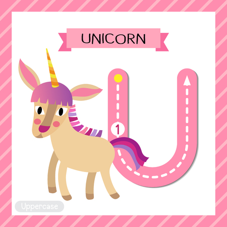 Letter U uppercase cute children colorful zoo and animals ABC alphabet tracing flashcard of Unicorn for kids learning English vocabulary and handwriting vector illustration.のイラスト素材