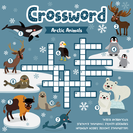 Crosswords puzzle game of arctic animals for preschool kids activity worksheet colorful printable version. Vector Illustration.のイラスト素材