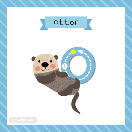 Letter O lowercase cute children colorful zoo and animals ABC alphabet tracing flashcard of Floating Otter for kids learning English vocabulary and handwriting vector illustration.のイラスト素材