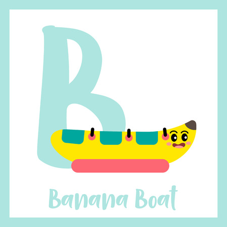 Letter B cute children colorful transportations ABC alphabet flashcard of Banana Boat for kids learning English vocabulary Vector Illustration.のイラスト素材