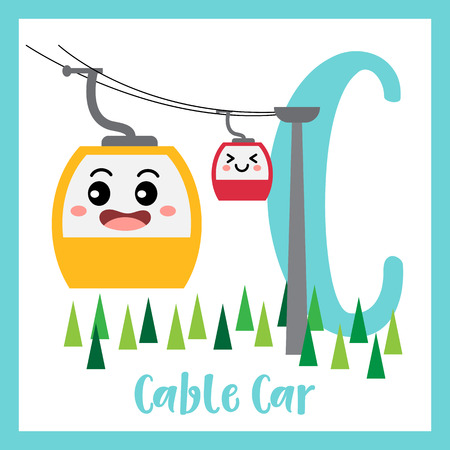 Letter C cute children colorful transportations ABC alphabet flashcard of Cable Car for kids learning English vocabulary Vector Illustration.のイラスト素材