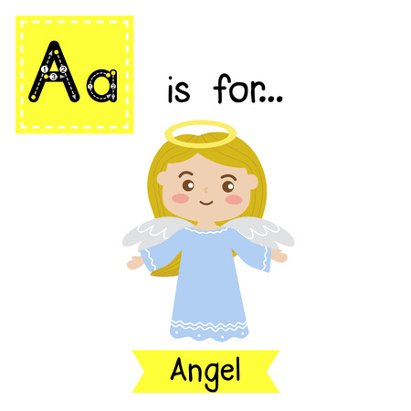 Cute children ABC alphabet A letter tracing flashcard of Standing Angel for kids learning English vocabulary in Happy Halloween Day theme.のイラスト素材