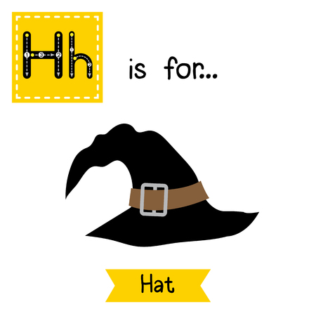 Cute children ABC alphabet H letter tracing flashcard of black witch Hat for kids learning English vocabulary in Happy Halloween Day theme.のイラスト素材