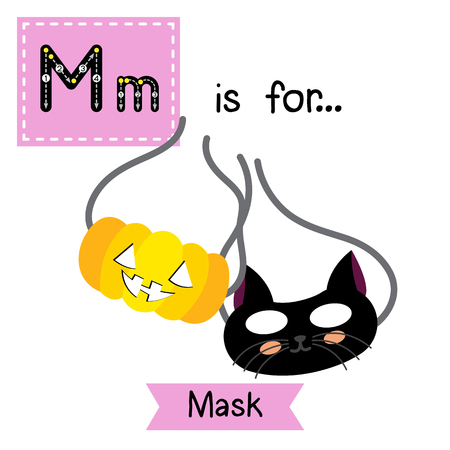 Cute children ABC alphabet M letter tracing flashcard of black cat and pumpkin Mask with ribbons for kids learning English vocabulary in Happy Halloween Day theme.のイラスト素材