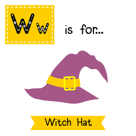 Cute children ABC alphabet W letter tracing flashcard of purple Witch Hat for kids learning English vocabulary in Happy Halloween Day theme.のイラスト素材
