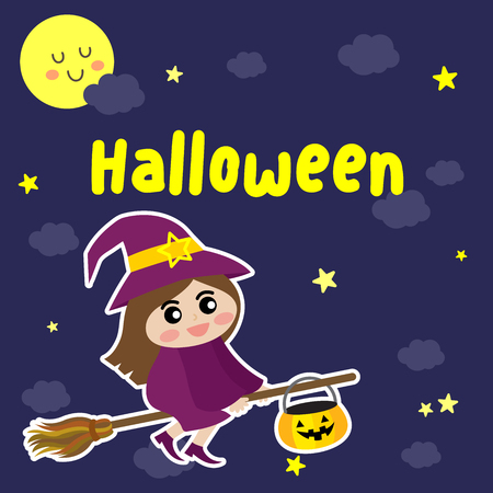 Cute Halloween design concept with witch in purple costume riding broomstick on dark blue sky background with star and moon for poster, banner, party invitation, greeting card.のイラスト素材
