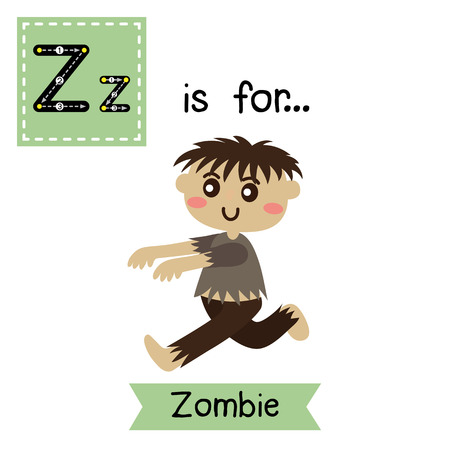 Cute children ABC alphabet Z letter tracing flashcard of Zombie for kids learning English vocabulary in Happy Halloween Day theme. Vector illustration.のイラスト素材