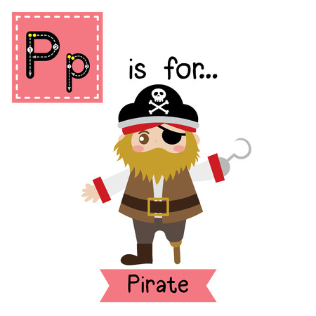 Cute children ABC alphabet P letter tracing flashcard of Pirate for kids learning English vocabulary in Happy Halloween Day theme. Vector illustration.のイラスト素材