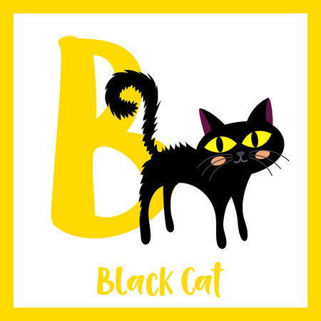 Cute children ABC alphabet B letter flashcard of standing Black Cat for kids learning English vocabulary in Happy Halloween Day theme. Vector illustration.のイラスト素材