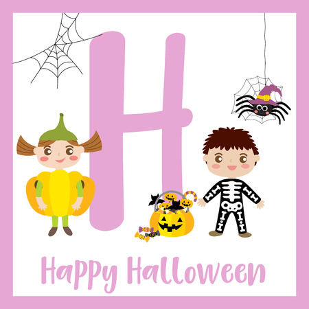 Cute children ABC alphabet H letter flashcard of Happy Halloween for kids learning English vocabulary in Happy Halloween Day theme. Vector illustration.のイラスト素材