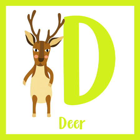 Cute children ABC animal zoo alphabet D letter flashcard of Deer standing on two legs for kids learning English vocabulary. Vector illustration.のイラスト素材