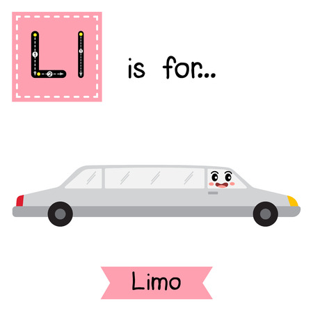Letter L cute children colorful transportations ABC alphabet tracing flashcard of Limo for kids learning English vocabulary Vector Illustration.のイラスト素材