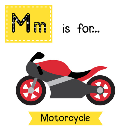 Letter M cute children colorful transportations ABC alphabet tracing flashcard of Motorcycle for kids learning English vocabulary Vector Illustration.のイラスト素材