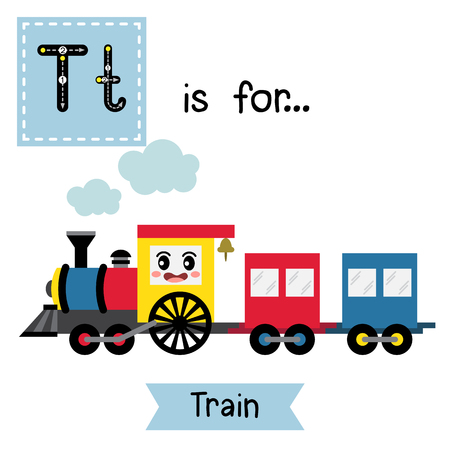 Letter T cute children colorful transportations ABC alphabet tracing flashcard of Train for kids learning English vocabulary Vector Illustration.のイラスト素材