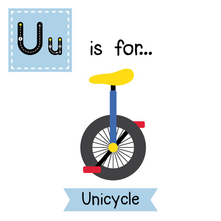 Letter U cute children colorful transportations ABC alphabet tracing flashcard of Unicycle for kids learning English vocabulary Vector Illustration.のイラスト素材
