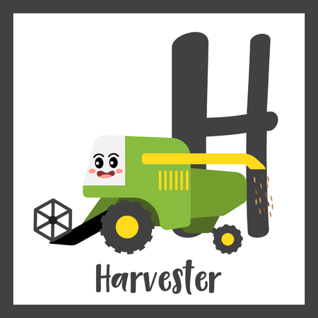 Letter H cute children colorful transportations ABC alphabet flashcard of Harvester for kids learning English vocabulary Vector Illustration.のイラスト素材