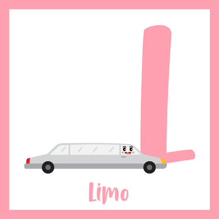 Letter L cute children colorful transportations ABC alphabet flashcard of Limo for kids learning English vocabulary Vector Illustration.のイラスト素材