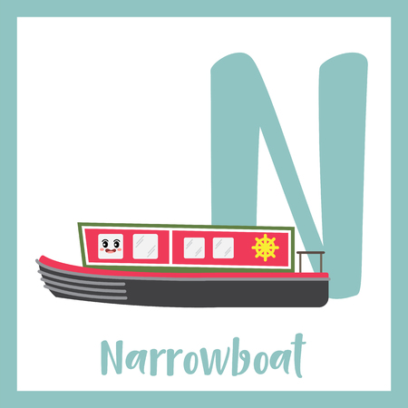 Letter N cute children colorful transportations ABC alphabet flashcard of Narrowboat for kids learning English vocabulary Vector Illustration.のイラスト素材