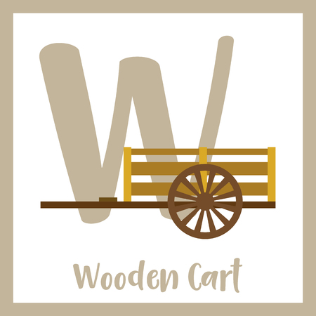Letter W cute children colorful transportations ABC alphabet flashcard of Wooden Cart for kids learning English vocabulary Vector Illustration.のイラスト素材
