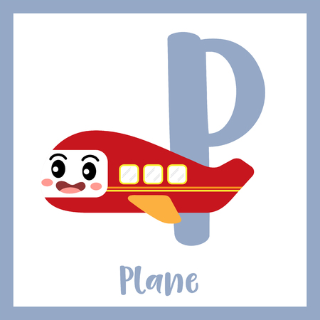 Letter P cute children colorful transportations ABC alphabet flashcard of Plane for kids learning English vocabulary Vector Illustration.のイラスト素材
