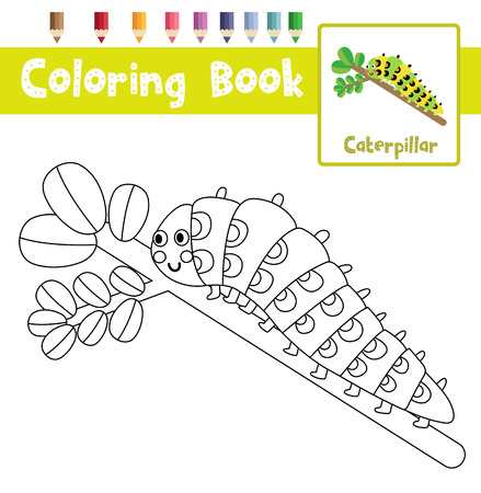 Coloring page of Caterpillar crawling on the branch animals for preschool kids activity educational worksheet. Vector Illustration.のイラスト素材