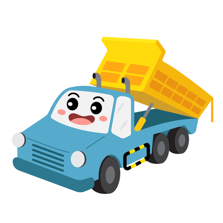 Dumper Truck transportation cartoon character perspective view isolated on white background vector illustration.のイラスト素材