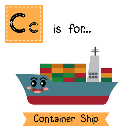 Letter C cute children colorful transportations ABC alphabet tracing flashcard of Container Ship for kids learning English vocabulary Vector Illustration.のイラスト素材