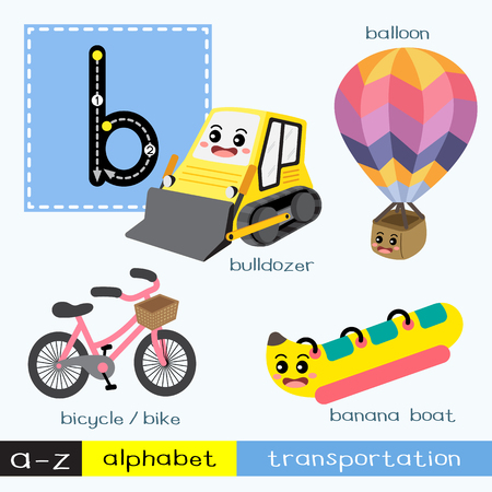 Letter B lowercase children colorful transportations ABC alphabet tracing flashcard for kids learning English vocabulary and handwriting Vector Illustration.