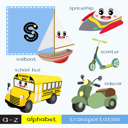 Letter S lowercase children colorful transportations ABC alphabet tracing flashcard for kids learning English vocabulary and handwriting Vector Illustration.のイラスト素材
