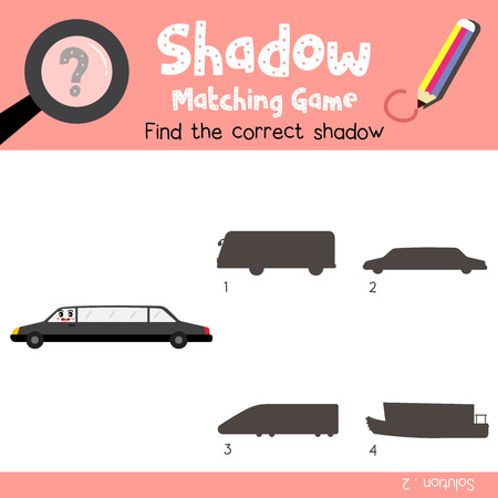 Shadow matching game of Limousine cartoon character side view transportations for preschool kids activity worksheet colorful version. Vector Illustration.のイラスト素材