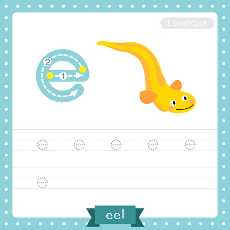 Letter E lowercase cute children colorful zoo and animals ABC alphabet tracing practice worksheet of Yellow Eel for kids learning English vocabulary and handwriting vector illustration.のイラスト素材