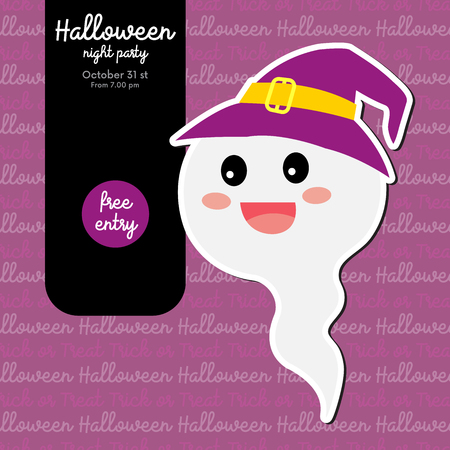 Cute Halloween design concept with white imp ghost for poster, banner, party invitation, greeting card. Vector Illustration.のイラスト素材