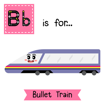 Letter B cute children colorful transportations ABC alphabet tracing flashcard of Bullet Train for kids learning English vocabulary Vector Illustration.のイラスト素材